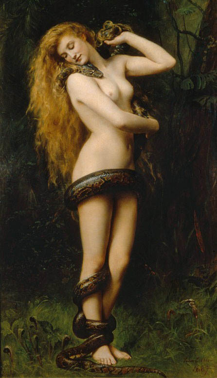 Den kvinnliga demonen Lilith med en orm lindad runt kroppen i Edens trädgård målad av John Collier